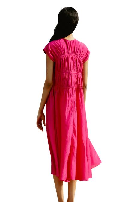 Shop Raasa Pink Cotton Muslin Solid V Neck Front Tie Up Midi Dress Online at Aza Fashions Shop_Raasa_Pink Cotton Muslin Solid V Neck Front Tie Up Midi Dress _Online_at_Aza_Fashions