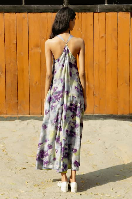 Shop Raasa Purple Modal Print Gardenia Halter Neck Dress at Aza Fashions Shop_Raasa_Purple Modal Print Gardenia Halter Neck Dress _at_Aza_Fashions