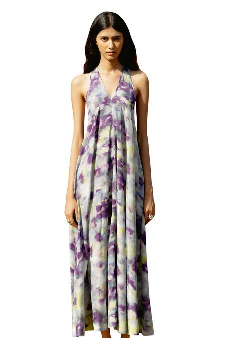 Buy Raasa Purple Modal Print Gardenia Halter Neck Dress Online at Aza Fashions Buy_Raasa_Purple Modal Print Gardenia Halter Neck Dress _Online_at_Aza_Fashions