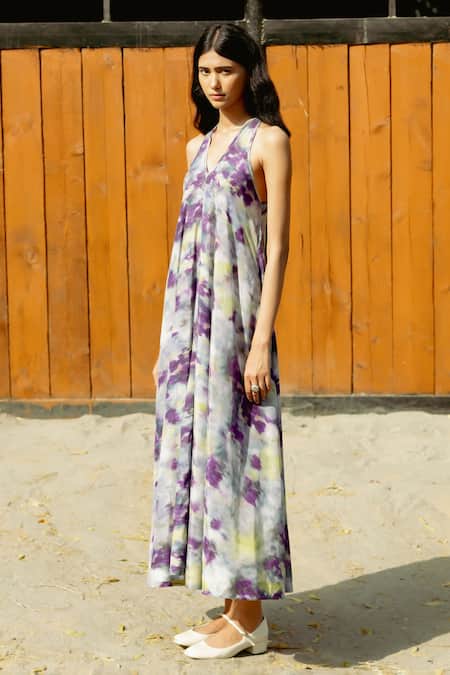 Shop Raasa Purple Modal Print Gardenia Halter Neck Dress Online at Aza Fashions Shop_Raasa_Purple Modal Print Gardenia Halter Neck Dress _Online_at_Aza_Fashions