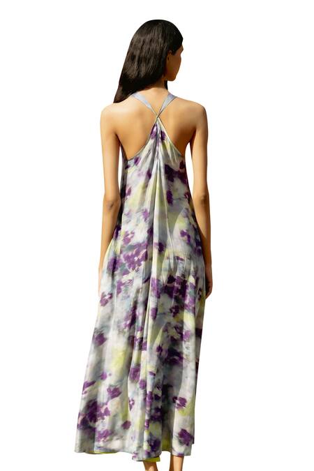 Raasa Purple Modal Print Gardenia Halter Neck Dress at Aza Fashions Raasa_Purple Modal Print Gardenia Halter Neck Dress _at_Aza_Fashions