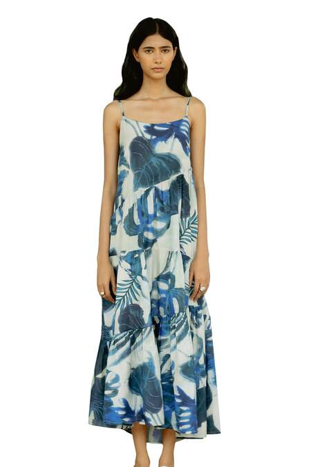 Raasa Blue Cotton Muslin Print Tropical Round Neck Tiered Midi Dress Online at Aza Fashions Raasa_Blue Cotton Muslin Print Tropical Round Neck Tiered Midi Dress _Online_at_Aza_Fashions