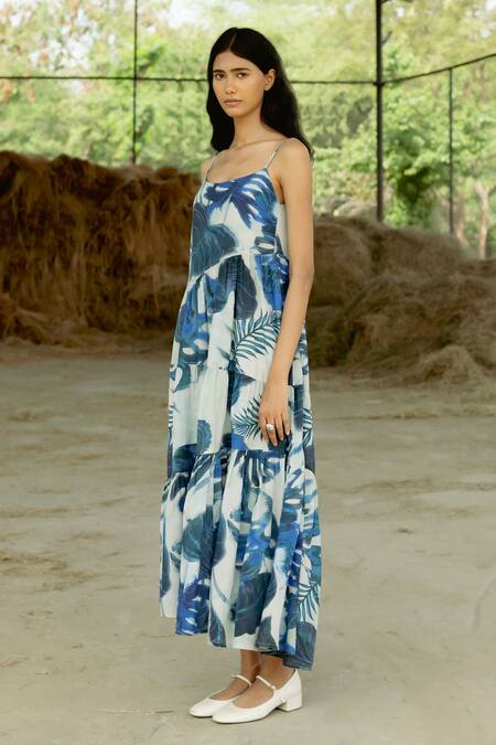 Buy Raasa Blue Cotton Muslin Print Tropical Round Neck Tiered Midi Dress Online at Aza Fashions Buy_Raasa_Blue Cotton Muslin Print Tropical Round Neck Tiered Midi Dress _Online_at_Aza_Fashions