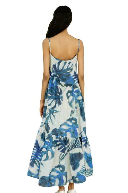 Shop Raasa Blue Cotton Muslin Print Tropical Round Neck Tiered Midi Dress Online at Aza Fashions Shop_Raasa_Blue Cotton Muslin Print Tropical Round Neck Tiered Midi Dress _Online_at_Aza_Fashions
