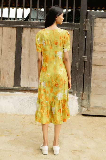 Shop Raasa Yellow Modal Print Fleur V Neck Midi Dress at Aza Fashions Shop_Raasa_Yellow Modal Print Fleur V Neck Midi Dress _at_Aza_Fashions
