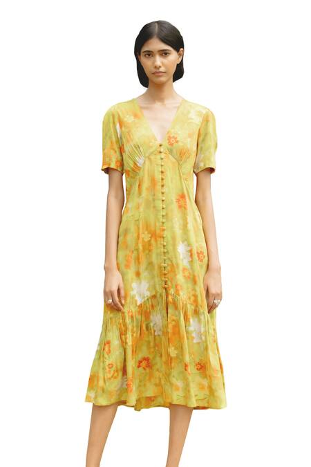 Raasa Yellow Modal Print Fleur V Neck Midi Dress Online at Aza Fashions Raasa_Yellow Modal Print Fleur V Neck Midi Dress _Online_at_Aza_Fashions