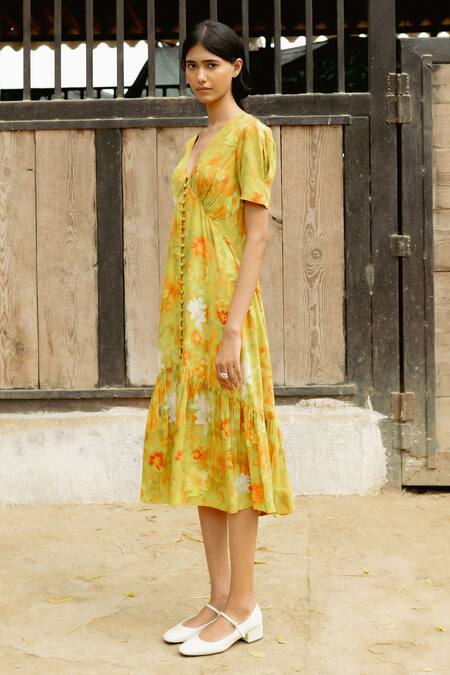 Buy Raasa Yellow Modal Print Fleur V Neck Midi Dress Online at Aza Fashions Buy_Raasa_Yellow Modal Print Fleur V Neck Midi Dress _Online_at_Aza_Fashions