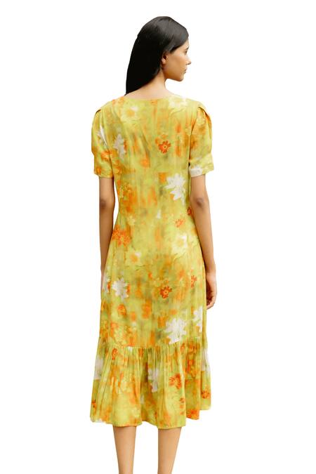 Shop Raasa Yellow Modal Print Fleur V Neck Midi Dress Online at Aza Fashions Shop_Raasa_Yellow Modal Print Fleur V Neck Midi Dress _Online_at_Aza_Fashions