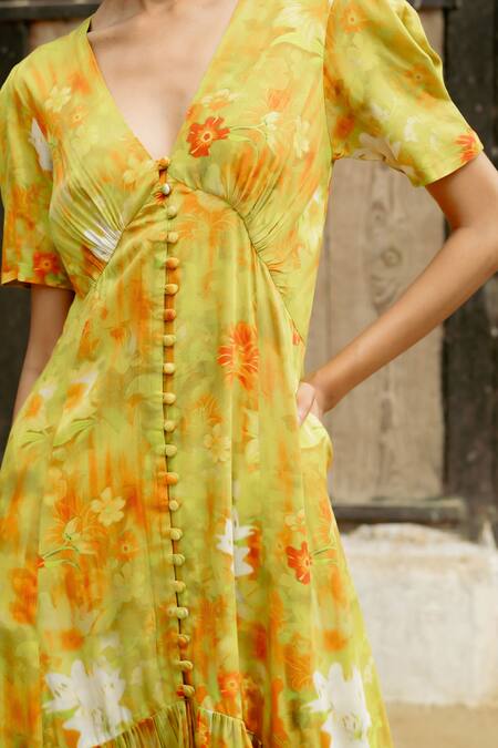 Buy Raasa Yellow Modal Print Fleur V Neck Midi Dress Buy_Raasa_Yellow Modal Print Fleur V Neck Midi Dress