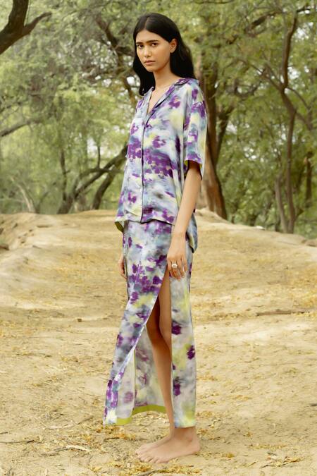 Shop Raasa Purple Modal Satin Print Dawn Bloom Skirt Online at Aza Fashions Shop_Raasa_Purple Modal Satin Print Dawn Bloom Skirt _Online_at_Aza_Fashions