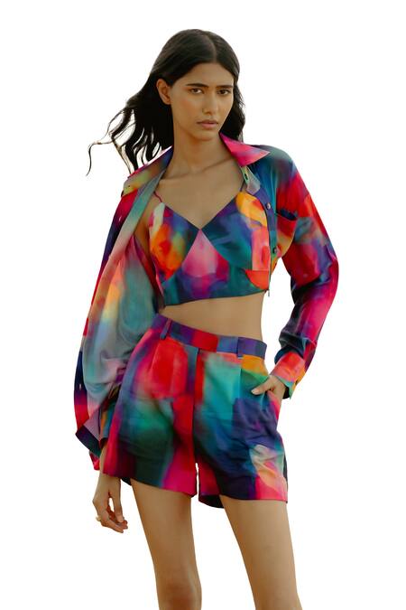 Raasa_Multi Modal Print Blast Sweetheart Neck Crop Top  _at_Aza_Fashions