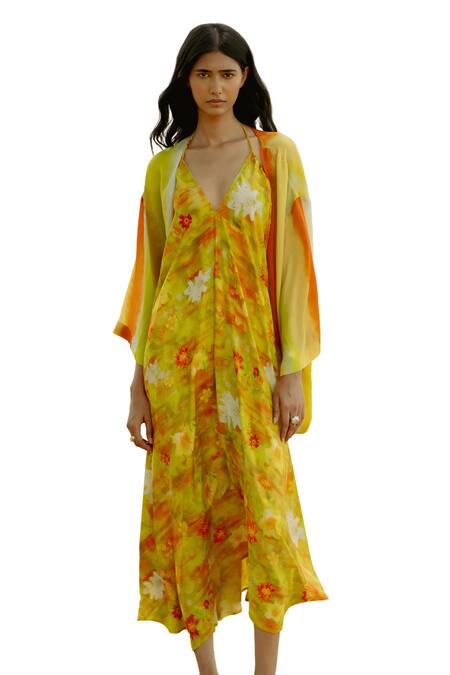 Buy_Raasa_Yellow Modal Print Floral Halter Neck Midi Dress  _Online_at_Aza_Fashions