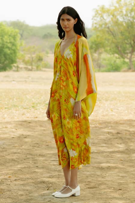 Shop_Raasa_Yellow Modal Print Floral Halter Neck Midi Dress  _Online_at_Aza_Fashions