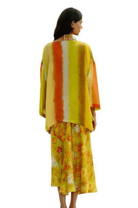 Shop_Raasa_Yellow Wrinkle Chiffon Silk Tie Dye Open Neck Pattern Jacket  _Online_at_Aza_Fashions
