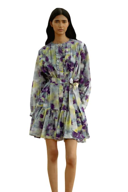 Raasa_Purple Modal Print Hazy Bloom Round Neck Ruffled Placket Dress With Belt _Online_at_Aza_Fashions