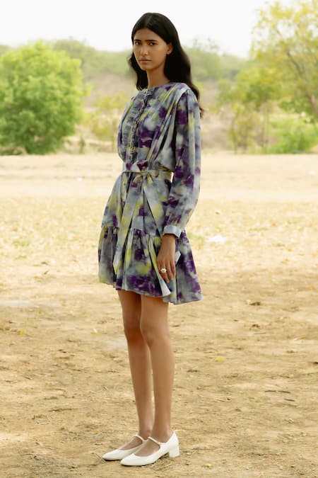 Buy_Raasa_Purple Modal Print Hazy Bloom Round Neck Ruffled Placket Dress With Belt _Online_at_Aza_Fashions