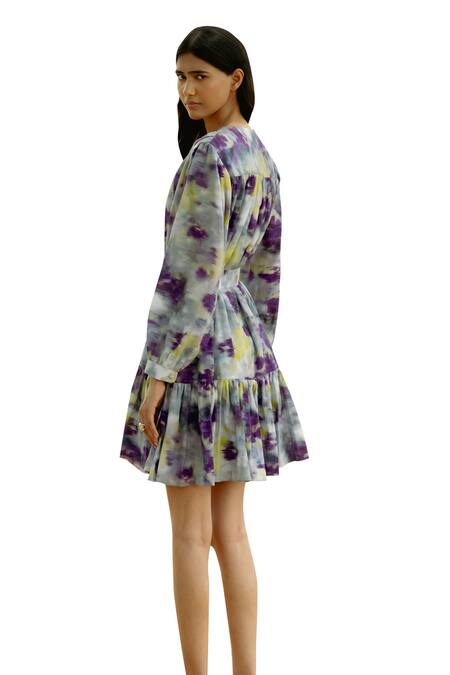 Shop_Raasa_Purple Modal Print Hazy Bloom Round Neck Ruffled Placket Dress With Belt _Online_at_Aza_Fashions