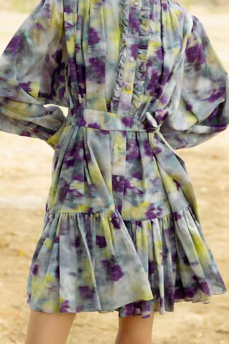 Raasa_Purple Modal Print Hazy Bloom Round Neck Ruffled Placket Dress With Belt _at_Aza_Fashions
