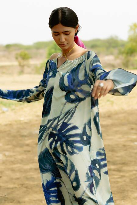 Shop_Raasa_Blue Satin Print Tropical Bliss Halter Neck Dress  _Online_at_Aza_Fashions