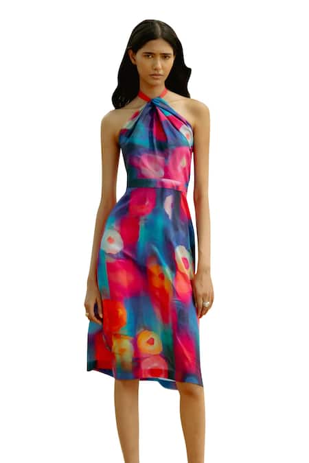 Raasa_Multi Color Cotton Muslin Print Splash Halter Platter Midi Dress  _Online_at_Aza_Fashions