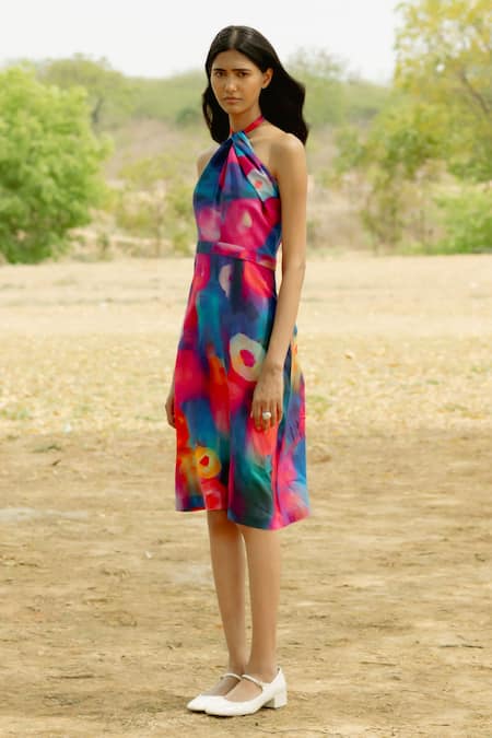 Buy_Raasa_Multi Color Cotton Muslin Print Splash Halter Platter Midi Dress  _Online_at_Aza_Fashions