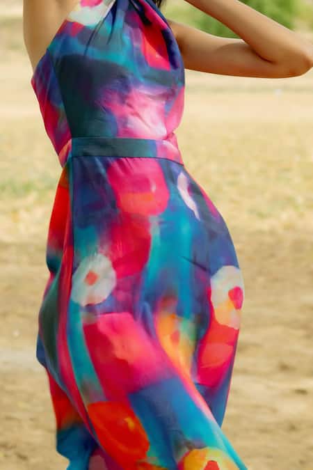 Shop_Raasa_Multi Color Cotton Muslin Print Splash Halter Platter Midi Dress  _Online_at_Aza_Fashions