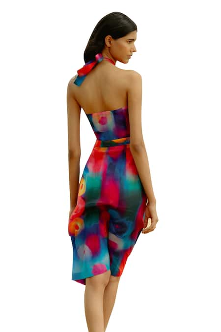 Raasa_Multi Color Cotton Muslin Print Splash Halter Platter Midi Dress  _at_Aza_Fashions