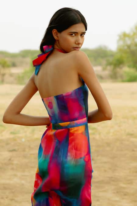 Buy_Raasa_Multi Color Cotton Muslin Print Splash Halter Platter Midi Dress  