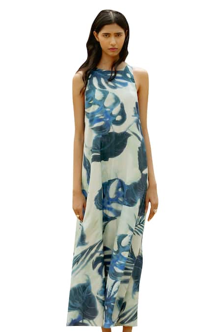 Raasa Blue Modal Print Fleur Park Halter Neck Midi Dress Online at Aza Fashions Raasa_Blue Modal Print Fleur Park Halter Neck Midi Dress _Online_at_Aza_Fashions