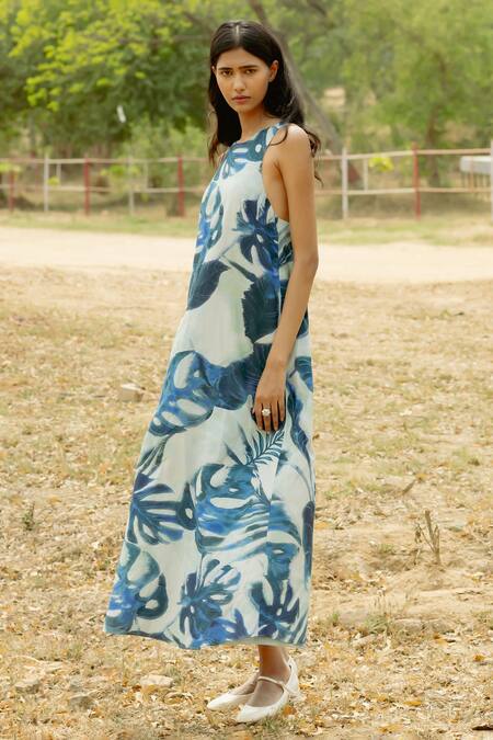 Buy Raasa Blue Modal Print Fleur Park Halter Neck Midi Dress Online at Aza Fashions Buy_Raasa_Blue Modal Print Fleur Park Halter Neck Midi Dress _Online_at_Aza_Fashions