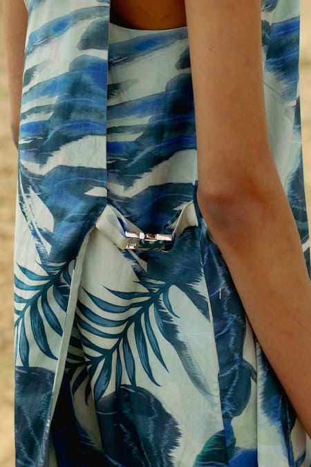 Shop Raasa Blue Modal Print Fleur Park Halter Neck Midi Dress Online at Aza Fashions Shop_Raasa_Blue Modal Print Fleur Park Halter Neck Midi Dress _Online_at_Aza_Fashions