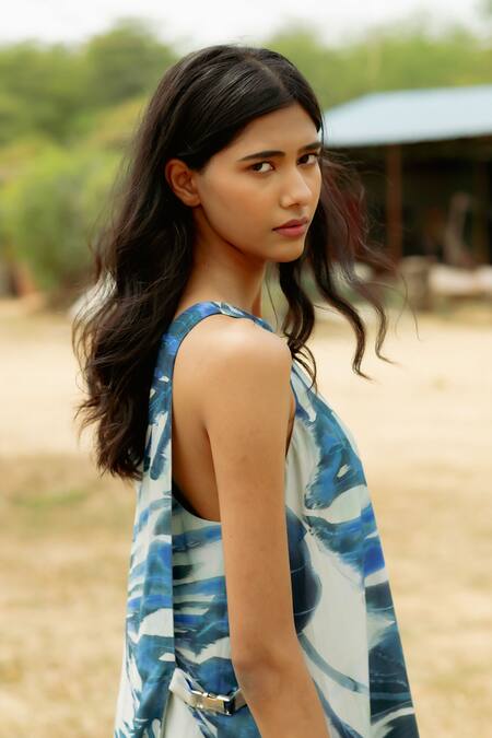 Raasa Blue Modal Print Fleur Park Halter Neck Midi Dress at Aza Fashions Raasa_Blue Modal Print Fleur Park Halter Neck Midi Dress _at_Aza_Fashions