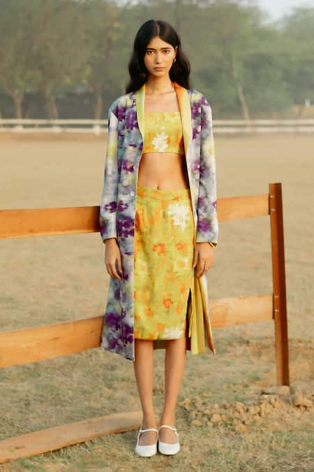 Raasa Yellow Modal Print Color Bloom Reversible Trench Coat Skirt Set  