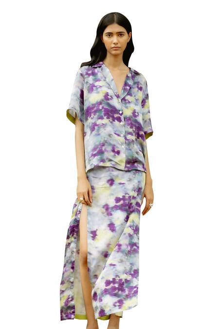 Shop_Raasa_Purple Modal Satin Print Dawn Bloom Cuban Collar Shirt With Skirt  _Online_at_Aza_Fashions