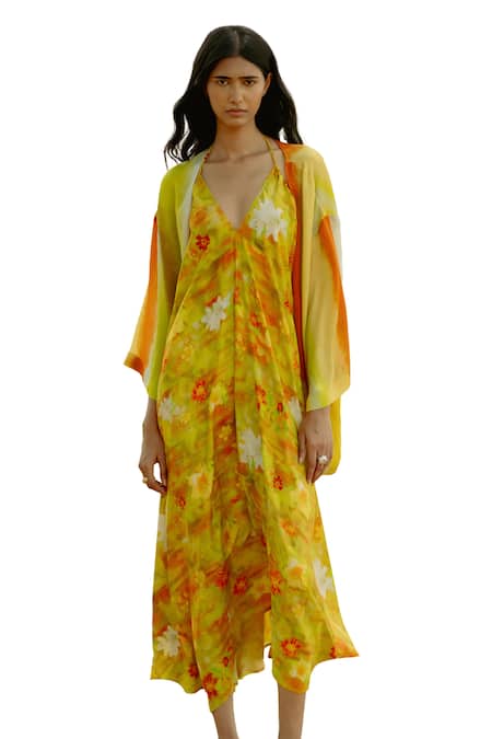 Raasa_Yellow Wrinkle Bloom Halter Dress With Tie Dye Pattern Jacket  _Online_at_Aza_Fashions