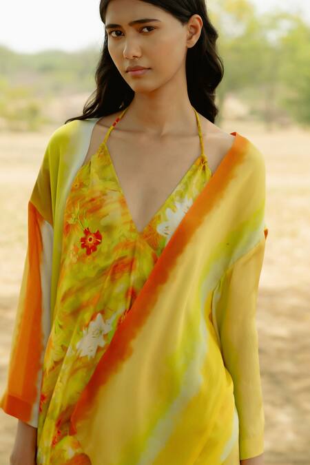 Raasa_Yellow Wrinkle Bloom Halter Dress With Tie Dye Pattern Jacket  _at_Aza_Fashions