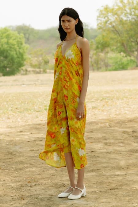 Shop_Raasa_Yellow Wrinkle Bloom Halter Dress With Tie Dye Pattern Jacket  