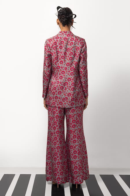 Shop_Nautanky_Pink Denim Embroidery Button-down Neck Floral Print Blazer And Pant Set _at_Aza_Fashions