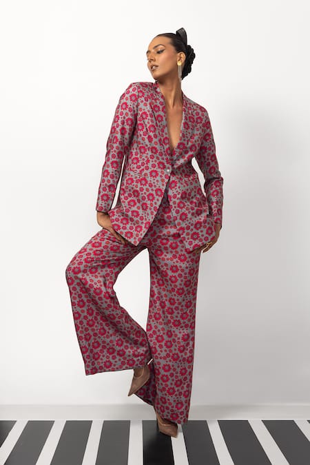 Nautanky_Pink Denim Embroidery Button-down Neck Floral Print Blazer And Pant Set _Online_at_Aza_Fashions