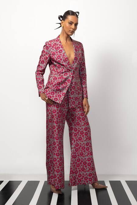 Buy_Nautanky_Pink Denim Embroidery Button-down Neck Floral Print Blazer And Pant Set _Online_at_Aza_Fashions