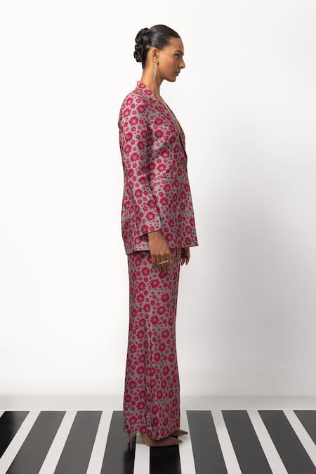 Shop_Nautanky_Pink Denim Embroidery Button-down Neck Floral Print Blazer And Pant Set _Online_at_Aza_Fashions