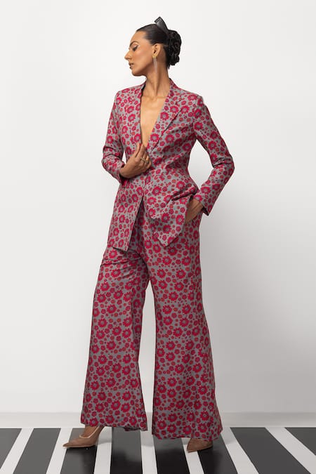 Nautanky_Pink Denim Embroidery Button-down Neck Floral Print Blazer And Pant Set _at_Aza_Fashions
