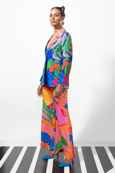 Buy_Nautanky_Multi Color Crepe Abstract Blazer And Pant Set _Online_at_Aza_Fashions