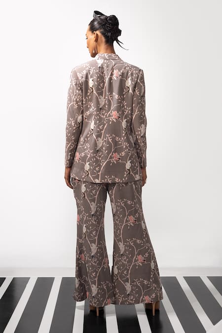 Shop_Nautanky_Gray Crepe Embroidery Button-down Neck Floral Paradise Blazer And Pant Set _at_Aza_Fashions
