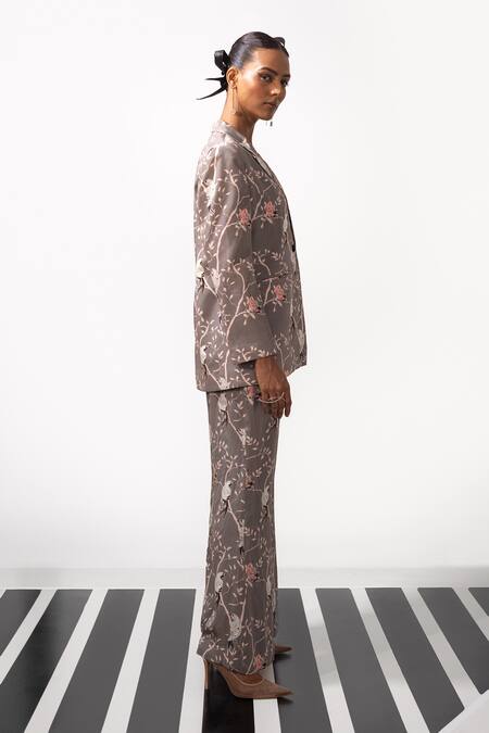 Buy_Nautanky_Gray Crepe Embroidery Button-down Neck Floral Paradise Blazer And Pant Set _Online_at_Aza_Fashions
