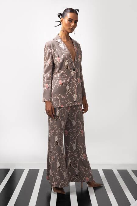 Shop_Nautanky_Gray Crepe Embroidery Button-down Neck Floral Paradise Blazer And Pant Set _Online_at_Aza_Fashions