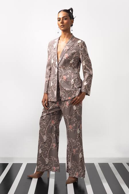 Nautanky_Gray Crepe Embroidery Button-down Neck Floral Paradise Blazer And Pant Set _at_Aza_Fashions