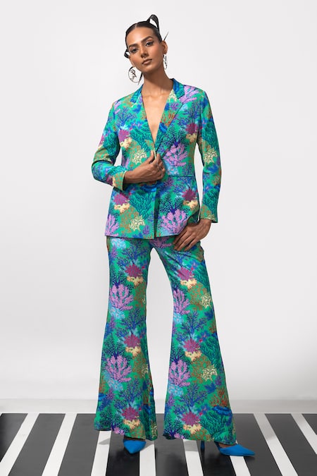 Nautanky_Green Crepe Button-down Neck Under The Sea Blazer And Pant Set _Online_at_Aza_Fashions