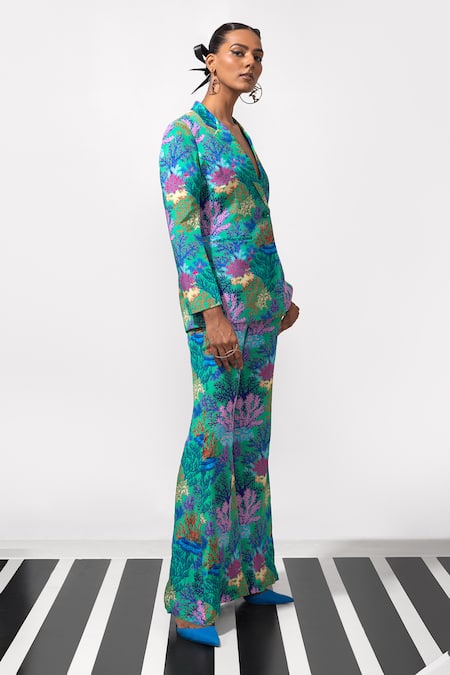 Buy_Nautanky_Green Crepe Button-down Neck Under The Sea Blazer And Pant Set _Online_at_Aza_Fashions