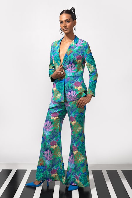Shop_Nautanky_Green Crepe Button-down Neck Under The Sea Blazer And Pant Set _Online_at_Aza_Fashions